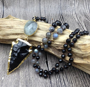 Natural Gemstone Mala Obsidian Labradorite Necklace - Egret Jewellery