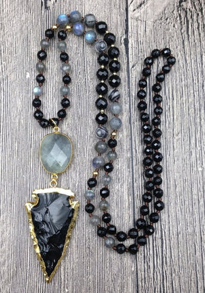Natural Gemstone Mala Obsidian Labradorite Necklace - Egret Jewellery