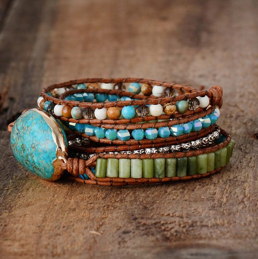Natural Stone Beaded Ocean Jasper | Jade Beads Druzy Wrap Geode Bracelet - Egret Jewellery