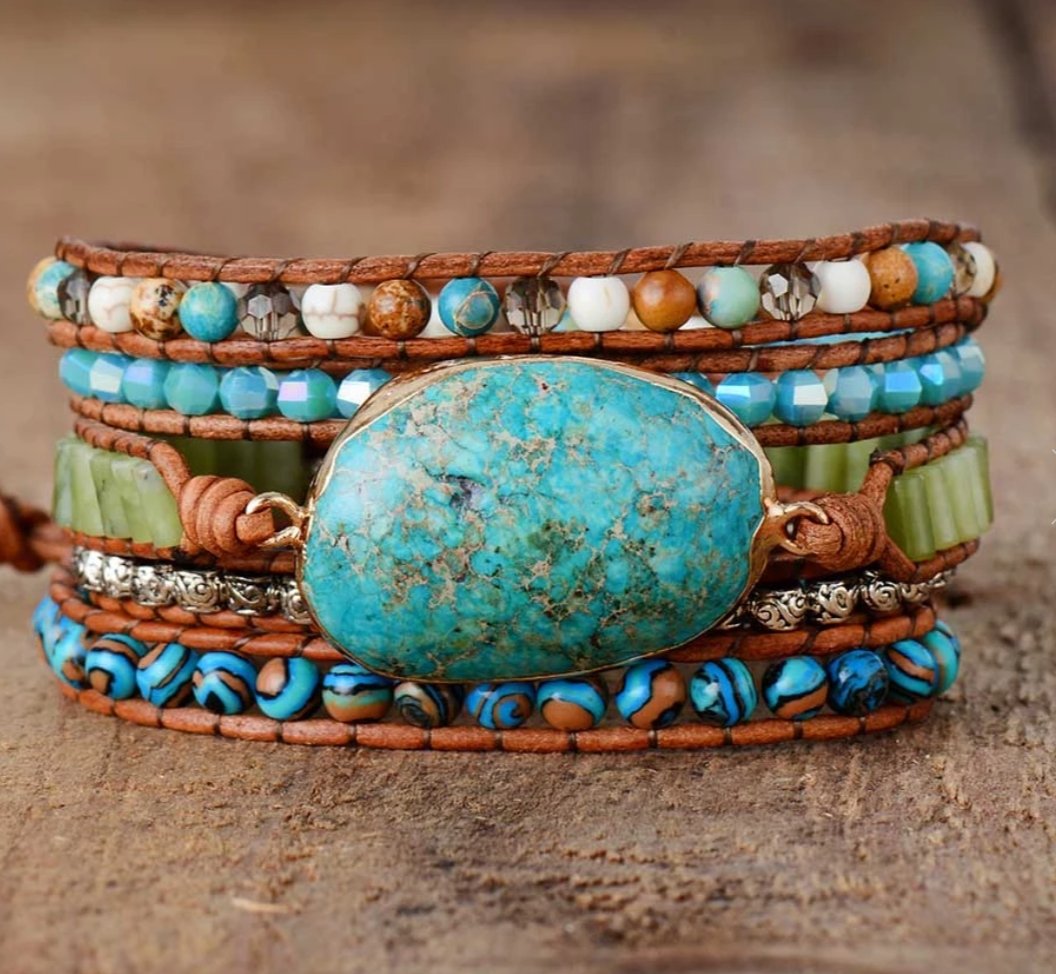 Natural Stone Beaded Ocean Jasper | Jade Beads Druzy Wrap Geode Bracelet - Egret Jewellery