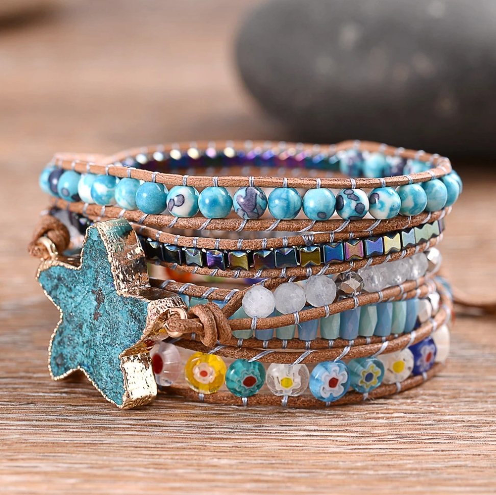 Natural Ocean Jasper Beaded Druzy Geode | Wrap Bracelet Beads Blue Starfish - Egret Jewellery