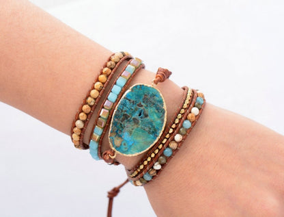Ocean Jasper Gilded Gold Druzy Geode Turquoise Beaded Wrap Bracelet - Egret Jewellery