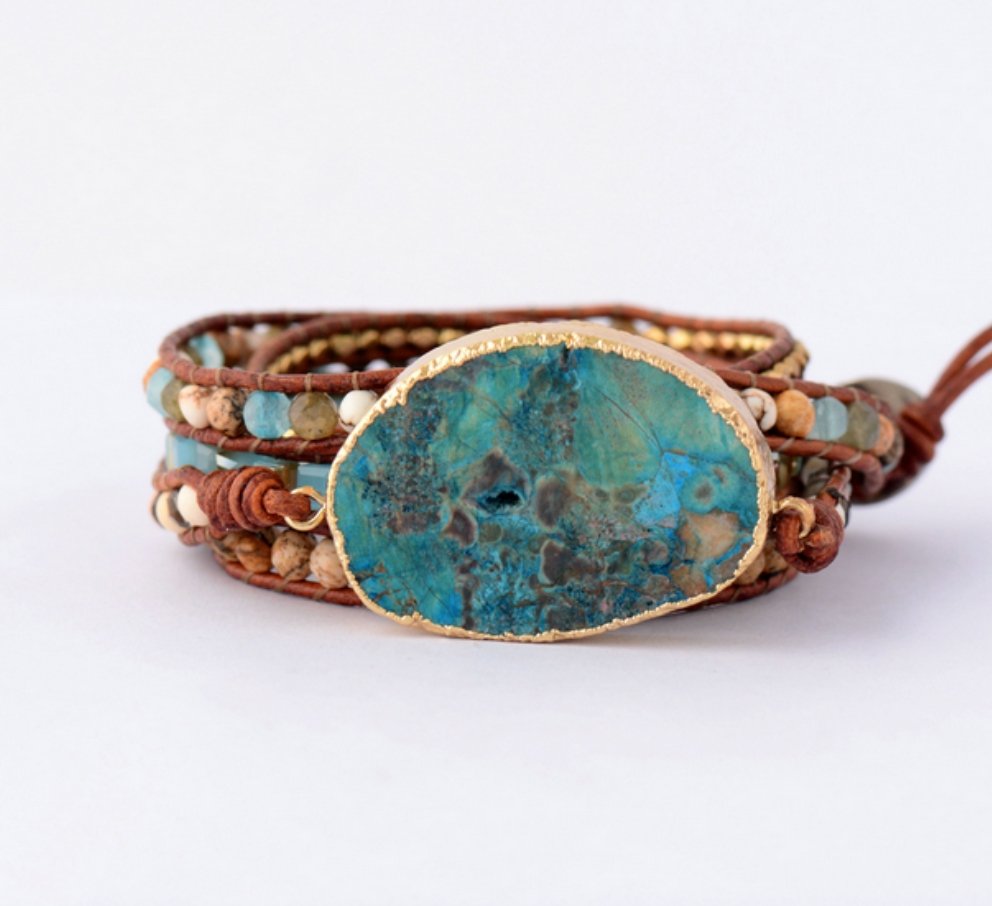 Ocean Jasper Gilded Gold Druzy Geode Turquoise Beaded Wrap Bracelet - Egret Jewellery
