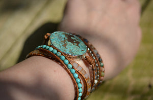 Ocean Jasper Gilded Silver Druzy Geode Turquoise Beaded Wrap Bracelet - Egret Jewellery