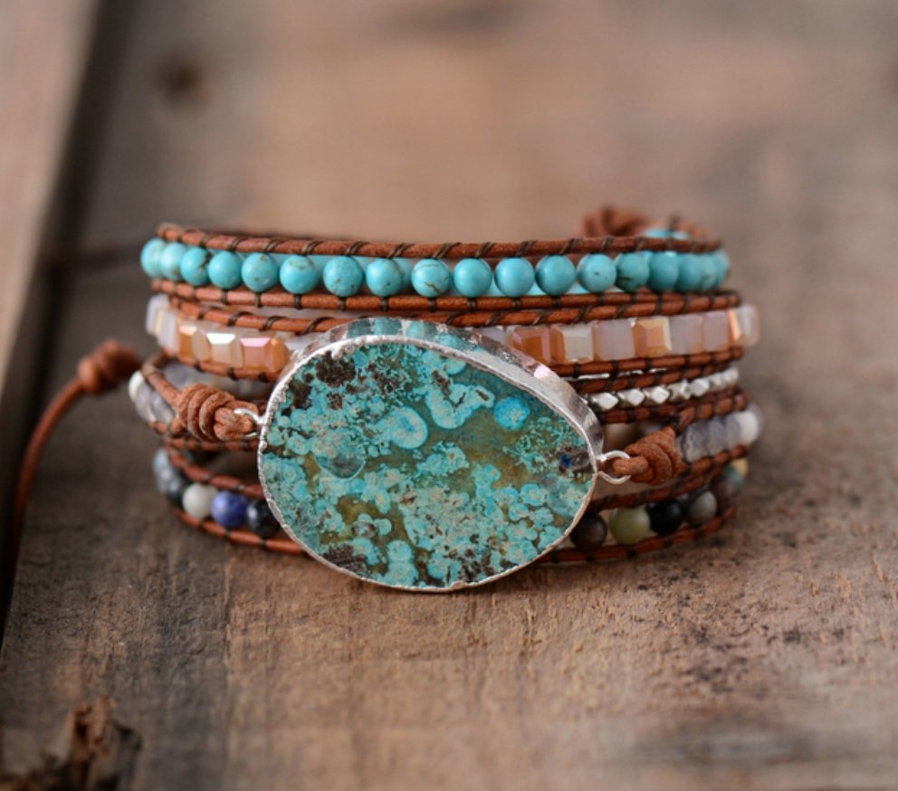 Ocean Jasper Gilded Silver Druzy Geode Turquoise Beaded Wrap Bracelet - Egret Jewellery