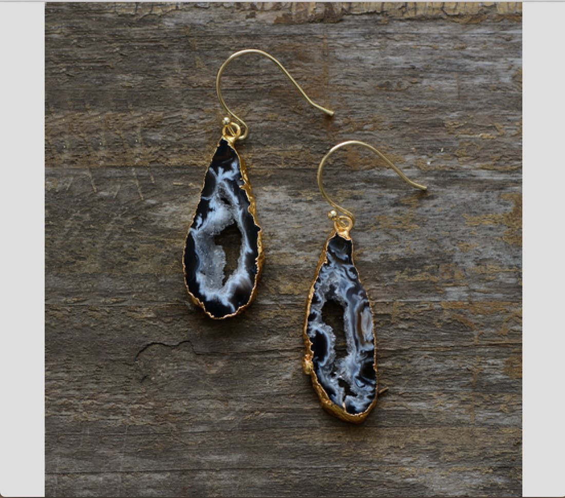 Grey Ocos Agate Natural Stone Geode Slice Drop Earrings - Egret Jewellery