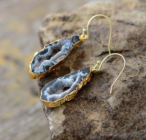Grey Ocos Agate Natural Stone Geode Slice Drop Earrings - Egret Jewellery