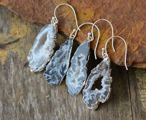 Grey Ocos Agate Natural Stone Geode Slice Silver Drop Earrings - Egret Jewellery
