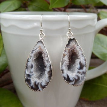 Grey Ocos Agate Natural Stone Geode Slice Silver Drop Earrings - Egret Jewellery