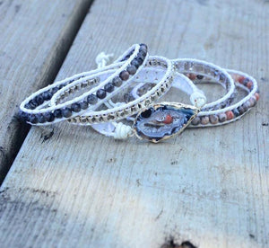 Ocos Agate & Zebra Jasper Beaded Labradorite Gemstone Geode Wrap Bracelet - Egret Jewellery