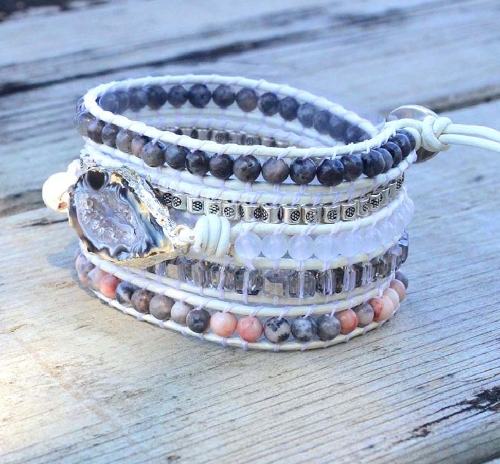 Ocos Agate & Zebra Jasper Beaded Labradorite Gemstone Geode Wrap Bracelet - Egret Jewellery