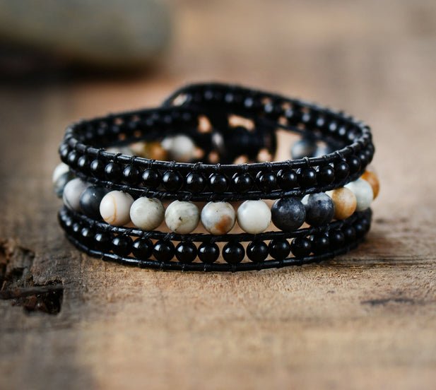Natural Stone Onyx & Agate Beaded Triple Wrap Bracelet Men's | Women's - Egret Jewellery
