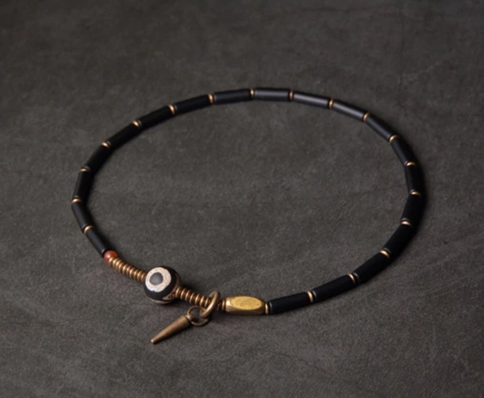 Men's Black Onyx Beaded Bronze Charm Wrap Bracelet Stacking - Egret Jewellery