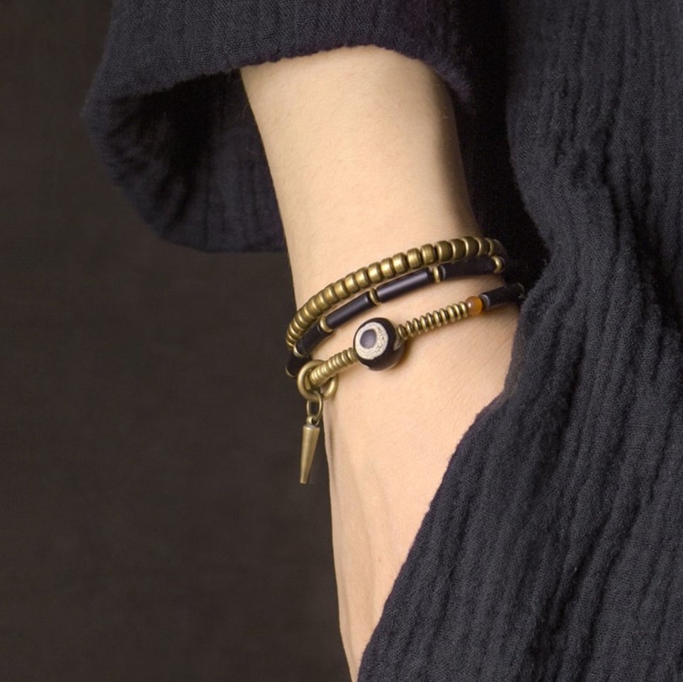 Men's Black Onyx Beaded Bronze Charm Wrap Bracelet Stacking - Egret Jewellery
