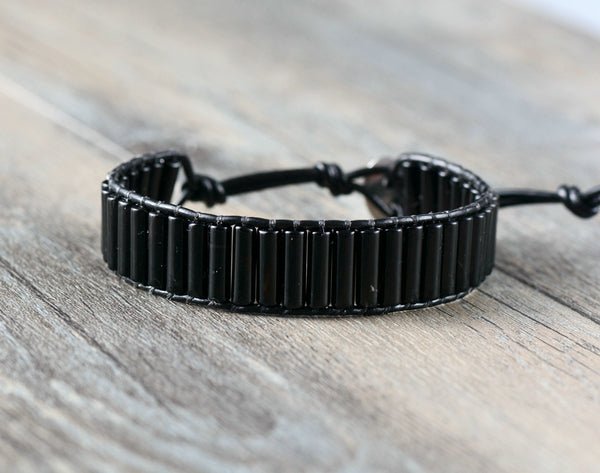Natural Oblong Onyx Beaded Leather Cuff Bracelet Men's - Egret Jewellery