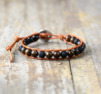 Onyx & Bronzite Men's Beaded Friendship Bracelet Stacking Lava Rock Leather - Egret Jewellery