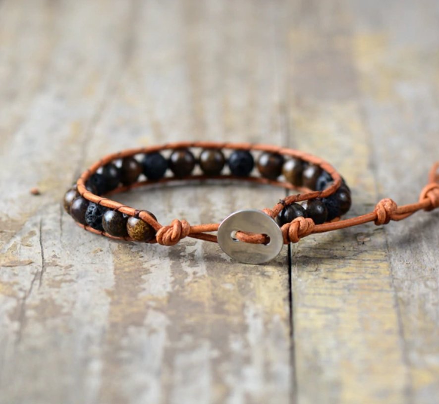 Onyx & Bronzite Men's Beaded Friendship Bracelet Stacking Lava Rock Leather - Egret Jewellery