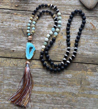 Beaded Onyx, Lava Rock & Amazonite Mala Tassel Necklace - Egret Jewellery