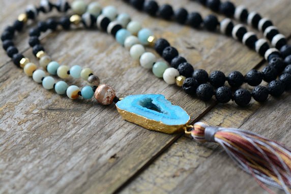 Beaded Onyx, Lava Rock & Amazonite Mala Tassel Necklace - Egret Jewellery