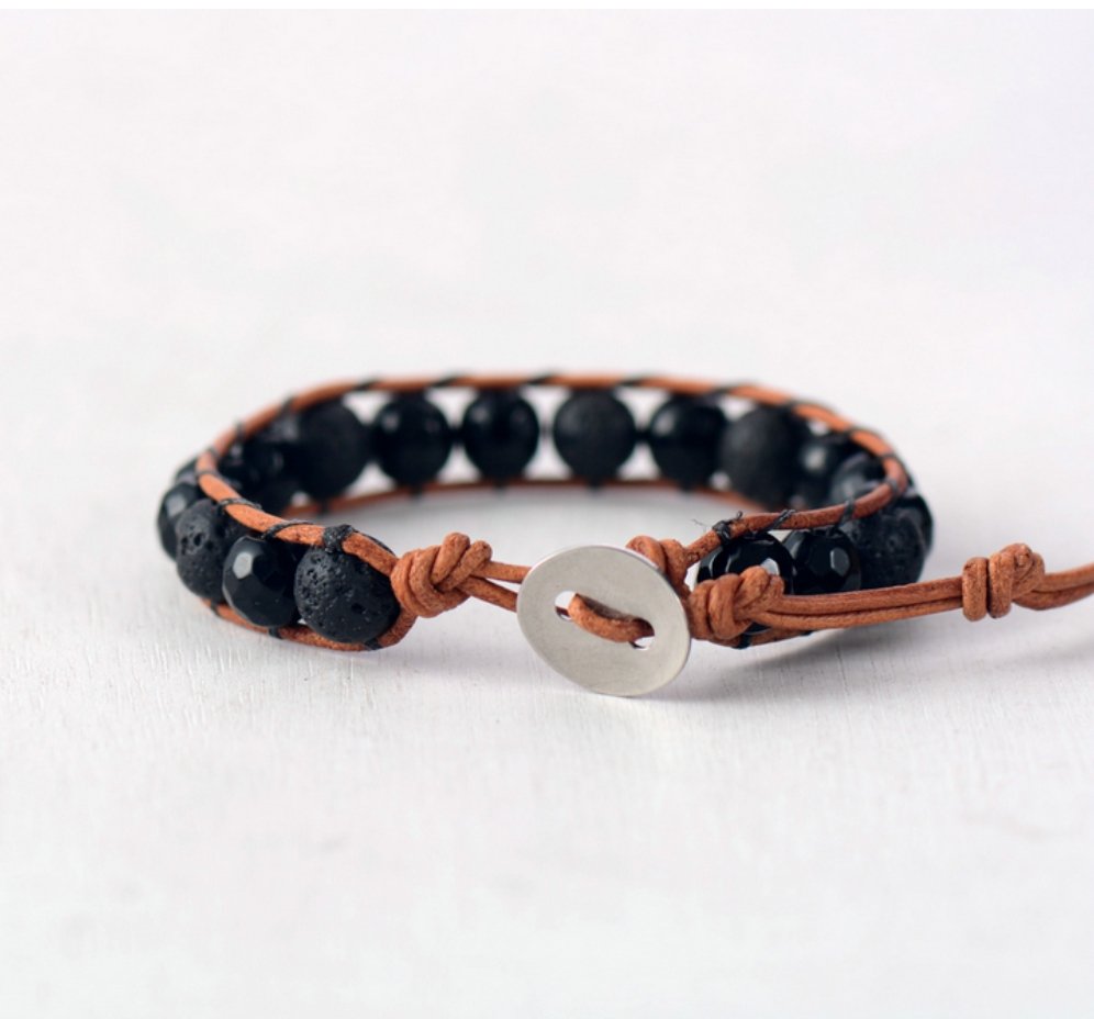 Men's Leather Beaded Onyx & Lava Rock Stacking Bracelet - Egret Jewellery
