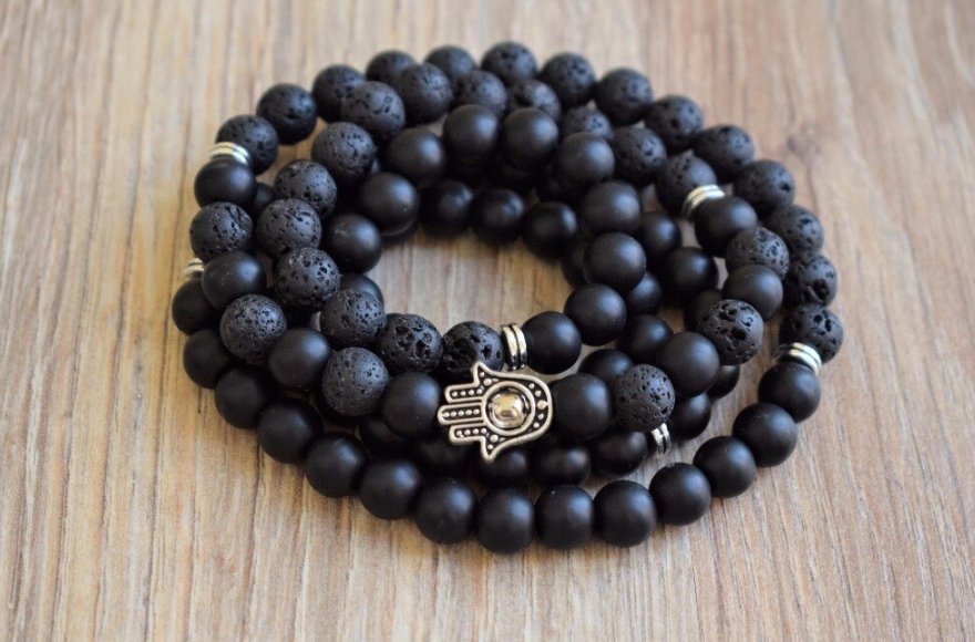 Men's Black Onyx | Lava Rock Beaded Wrap Bracelet Mala Beads Necklace Hamsa Hand - Egret Jewellery