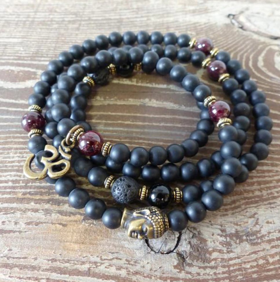 Black Onyx Men's Beaded Wrap Bracelet | Mala Beads Gemstone Buddha Om Necklace - Egret Jewellery