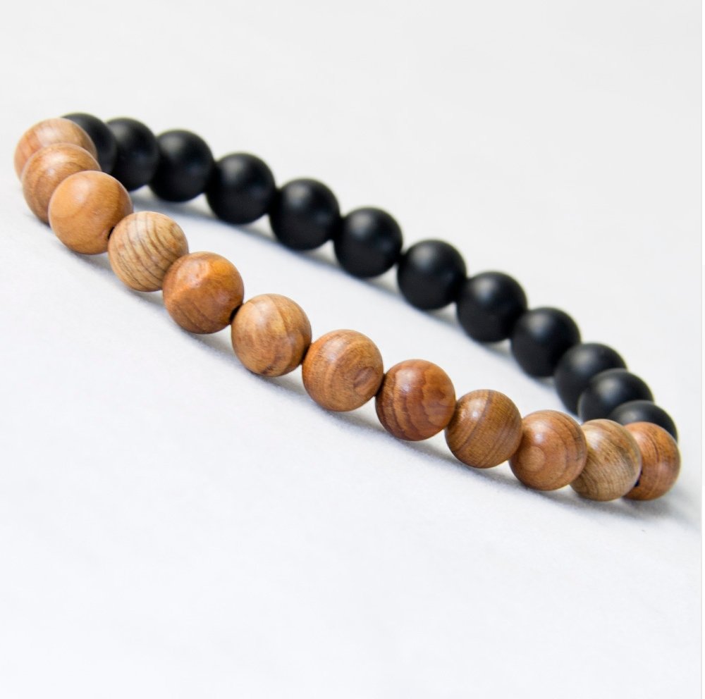 Men's Natural  Black Onyx Stone & Wooden Beaded Cuff Bracelet - Egret Jewellery