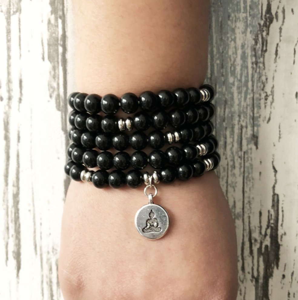 Black Onyx Beaded Wrap Bracelet, Mala Necklace Beads Buddha - Egret Jewellery
