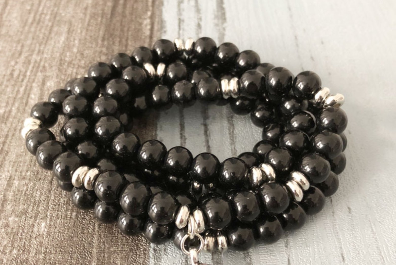 Black Onyx Beaded Wrap Bracelet, Mala Necklace Beads Buddha - Egret Jewellery