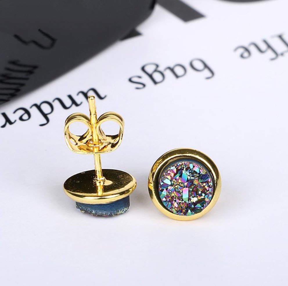 Gold Boho Round Peacock Navy Blue Druzy Stud Earrings - Egret Jewellery