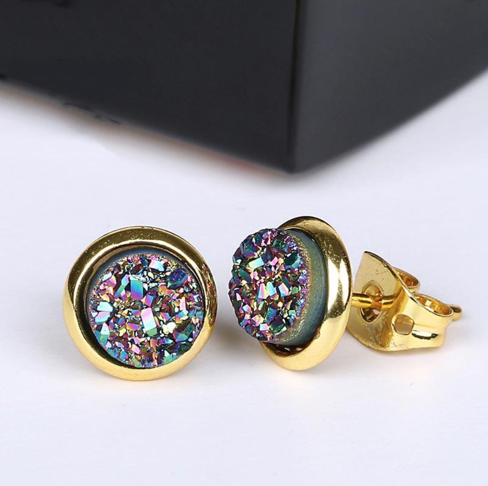 Gold Boho Round Peacock Navy Blue Druzy Stud Earrings - Egret Jewellery