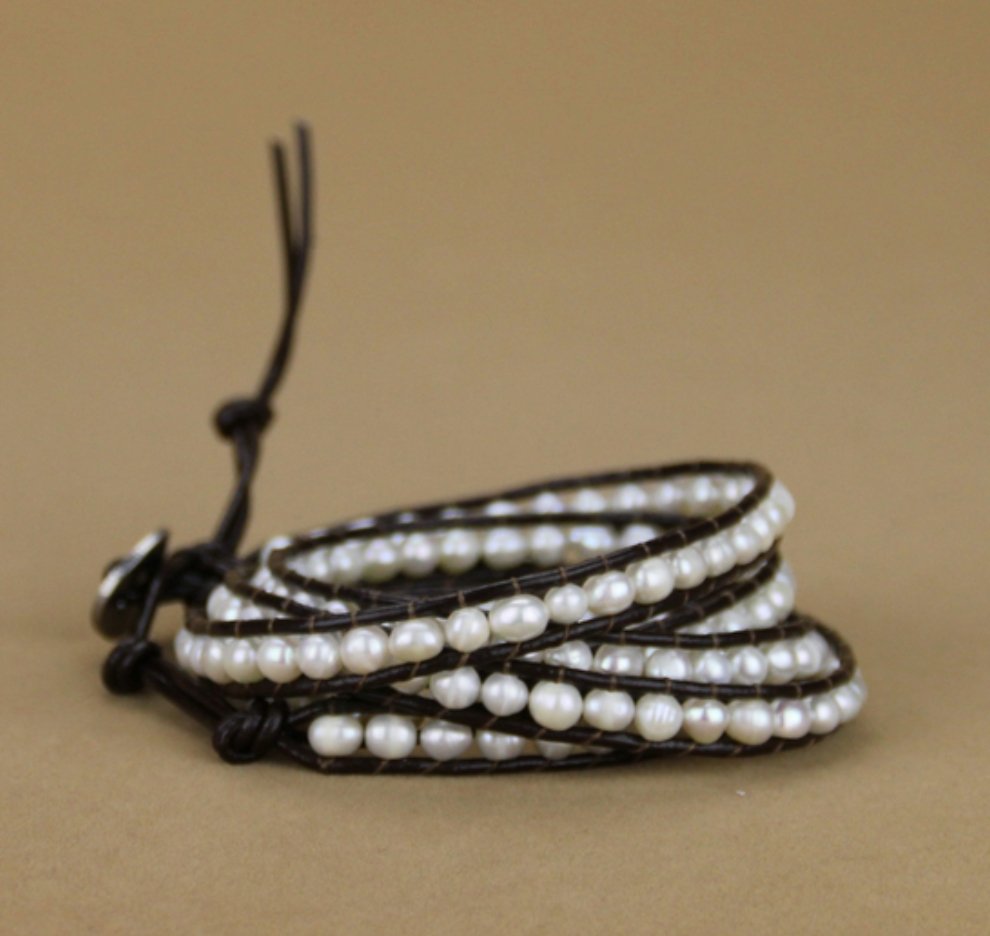 Natural Freshwater Cream Pearl Beaded Leather Wrap Bracelet - Egret Jewellery