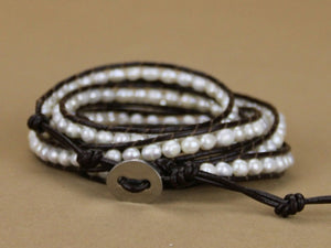 Natural Freshwater Cream Pearl Beaded Leather Wrap Bracelet - Egret Jewellery
