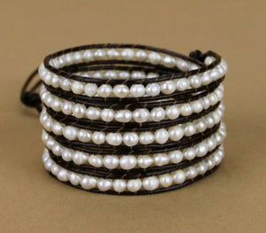Natural Freshwater Cream Pearl Beaded Leather Wrap Bracelet - Egret Jewellery