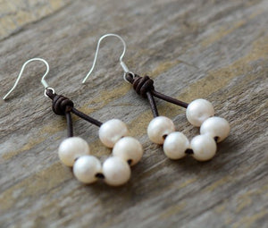 Boho Freshwater Pearl Brown Leather Rope Drop Earrings - Egret Jewellery