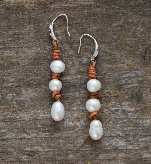 Natural Freshwater Pearl Brown Leather Drop Dangle Earrings - Egret Jewellery