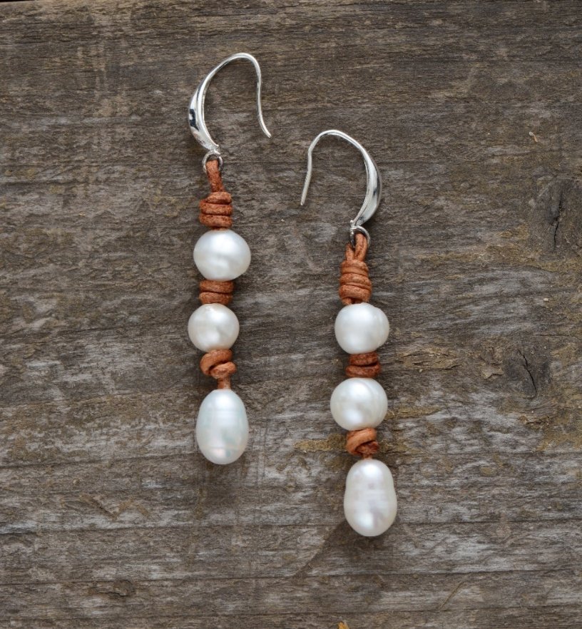 Natural Freshwater Pearl Brown Leather Drop Dangle Earrings - Egret Jewellery