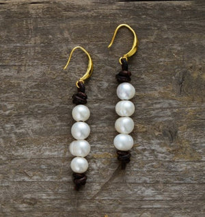 Freshwater Pearl Brown Leather Drop Earrings - Egret Jewellery