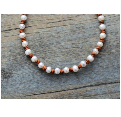 Genuine Freshwater Pearl Leather knotted Beaded Choker | Necklace - Egret Jewellery
