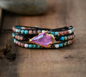 Druzy Geode Slice, Pink Aura Quartz Stone Wrap Beaded Jasper Bracelet - Egret Jewellery