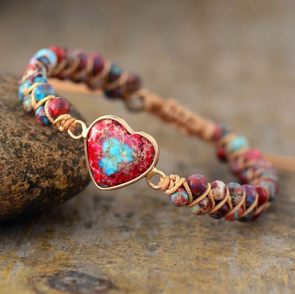 Natural Beaded Pink Impression Jasper Heart Stacking Wrap | Cuff Bracelet - Egret Jewellery
