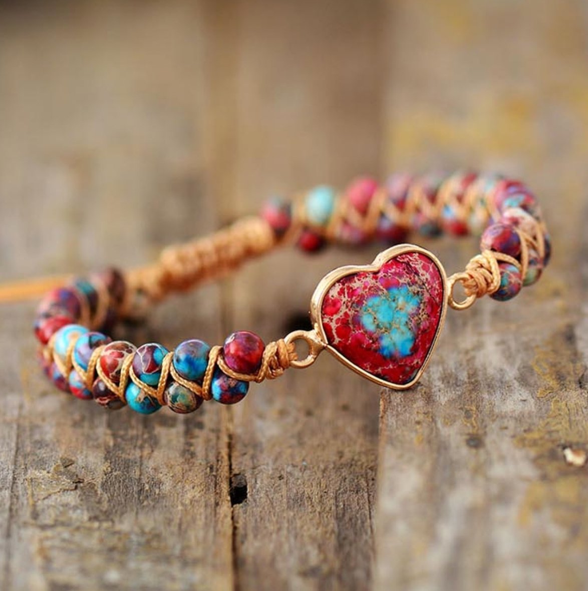 Natural Beaded Pink Impression Jasper Heart Stacking Wrap | Cuff Bracelet - Egret Jewellery