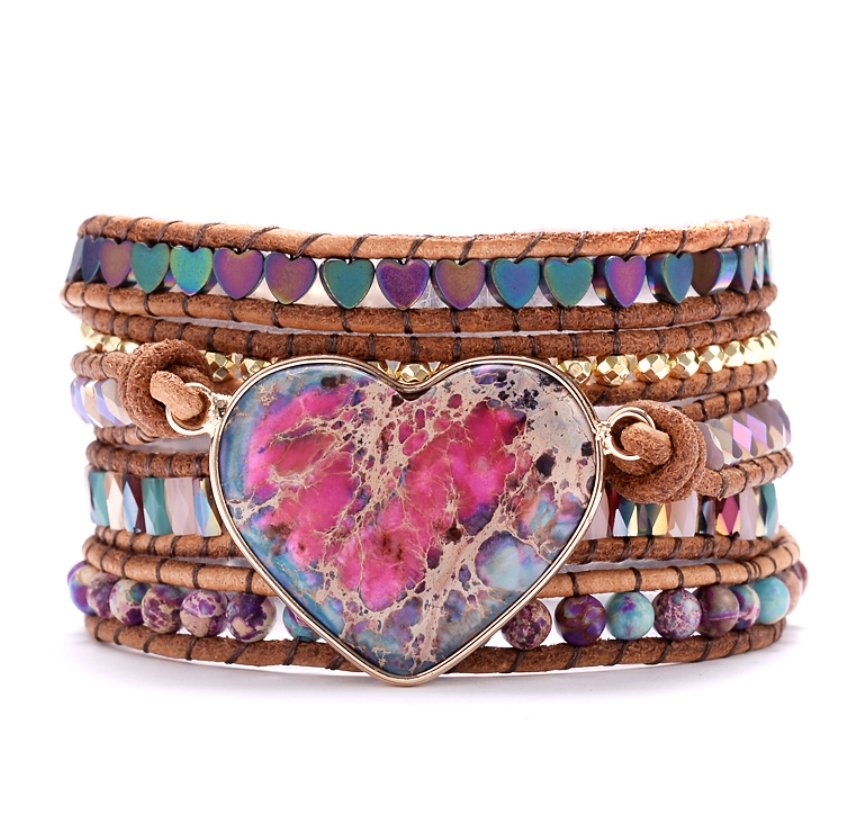 Natural Gemstone Beaded Pink Impression Jasper Heart Geode | Wrap Bracelet - Egret Jewellery