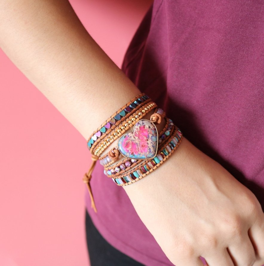 Natural Gemstone Beaded Pink Impression Jasper Heart Geode | Wrap Bracelet - Egret Jewellery