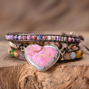 Natural Gemstone Beaded Pink Impression Jasper Regalite Heart | Wrap Bracelet - Egret Jewellery