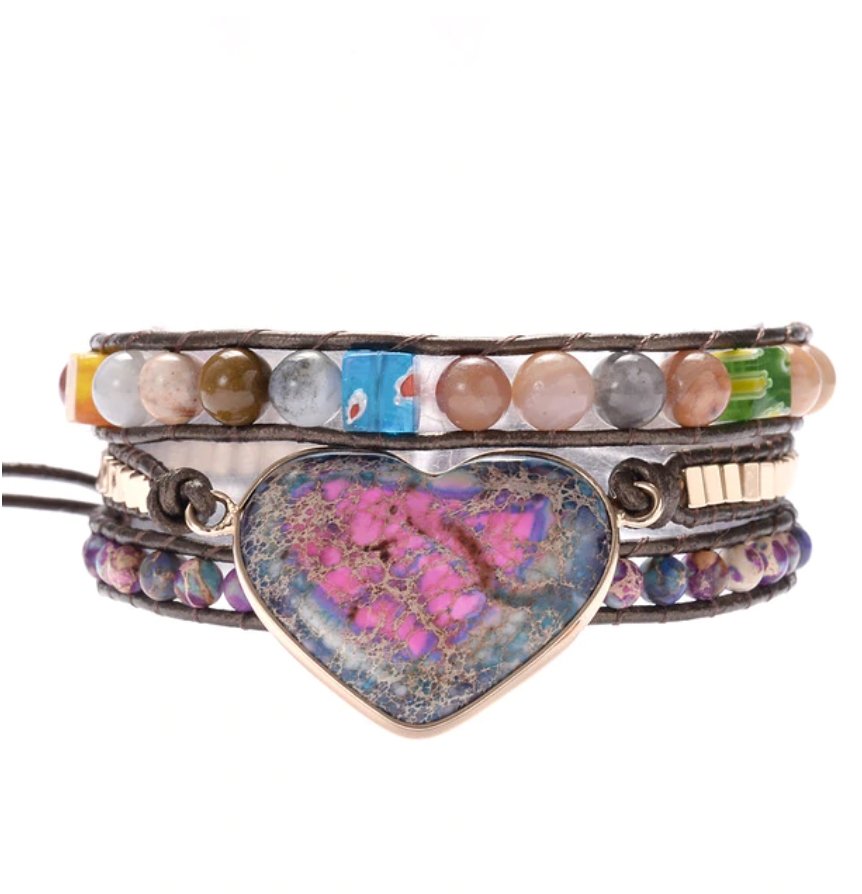Natural Gemstone Beaded Pink Impression Jasper Regalite Heart | Wrap Bracelet - Egret Jewellery