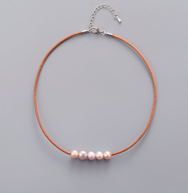 Genuine Freshwater Pink Pearl Choker Beaded Necklace Leather - Egret Jewellery