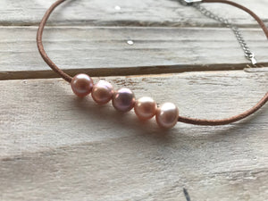 Genuine Freshwater Pink Pearl Choker Beaded Necklace Leather - Egret Jewellery