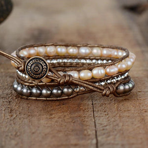 Natural Genuine Freshwater Pink Pearl Leather Wrap Bracelet Beaded Beads Grey - Egret Jewellery