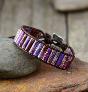 Purple Oblong Impression Jasper Leather Cuff Bracelet - Egret Jewellery